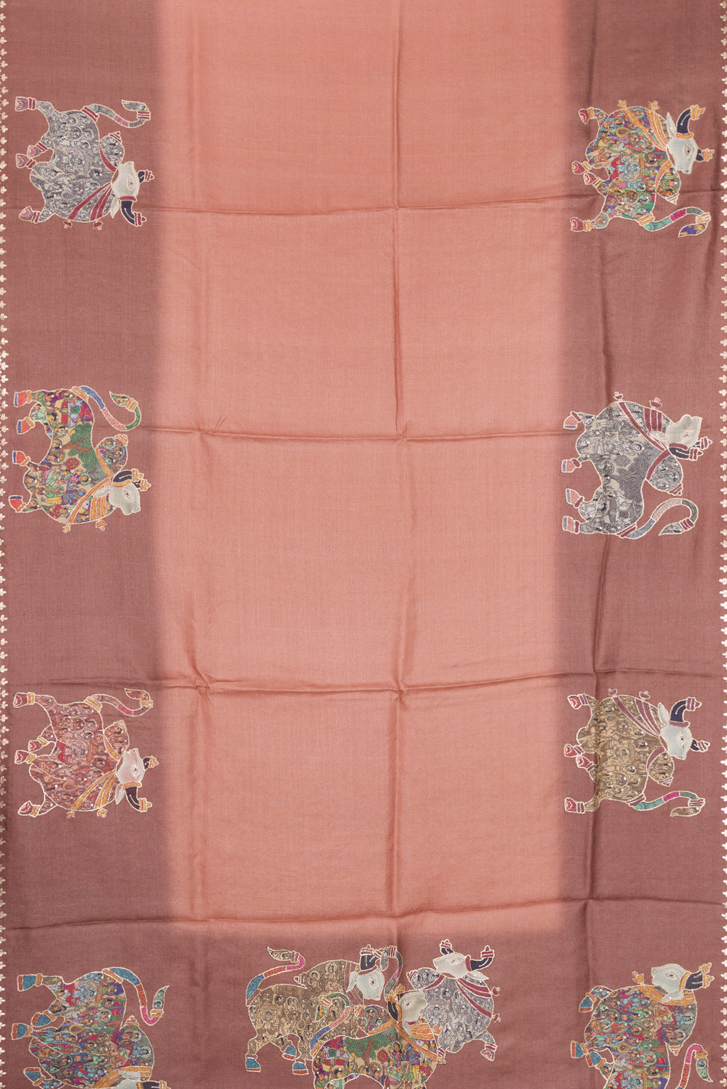Flat view of Rose Gold Tussar Silk Saree with Plain Body and Embroidery Border. 