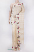 Beige Tussar Silk Saree with Stripes on the body and Fancy Border.  displayed on a mannequin