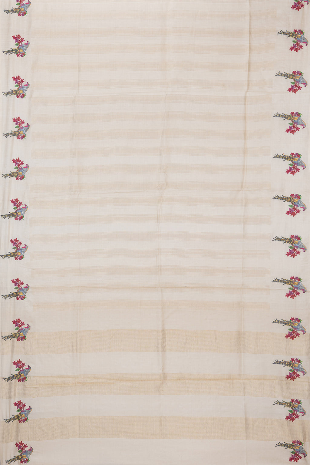 Flat view of Beige Tussar Silk Saree with Stripes on the body and Fancy Border. 