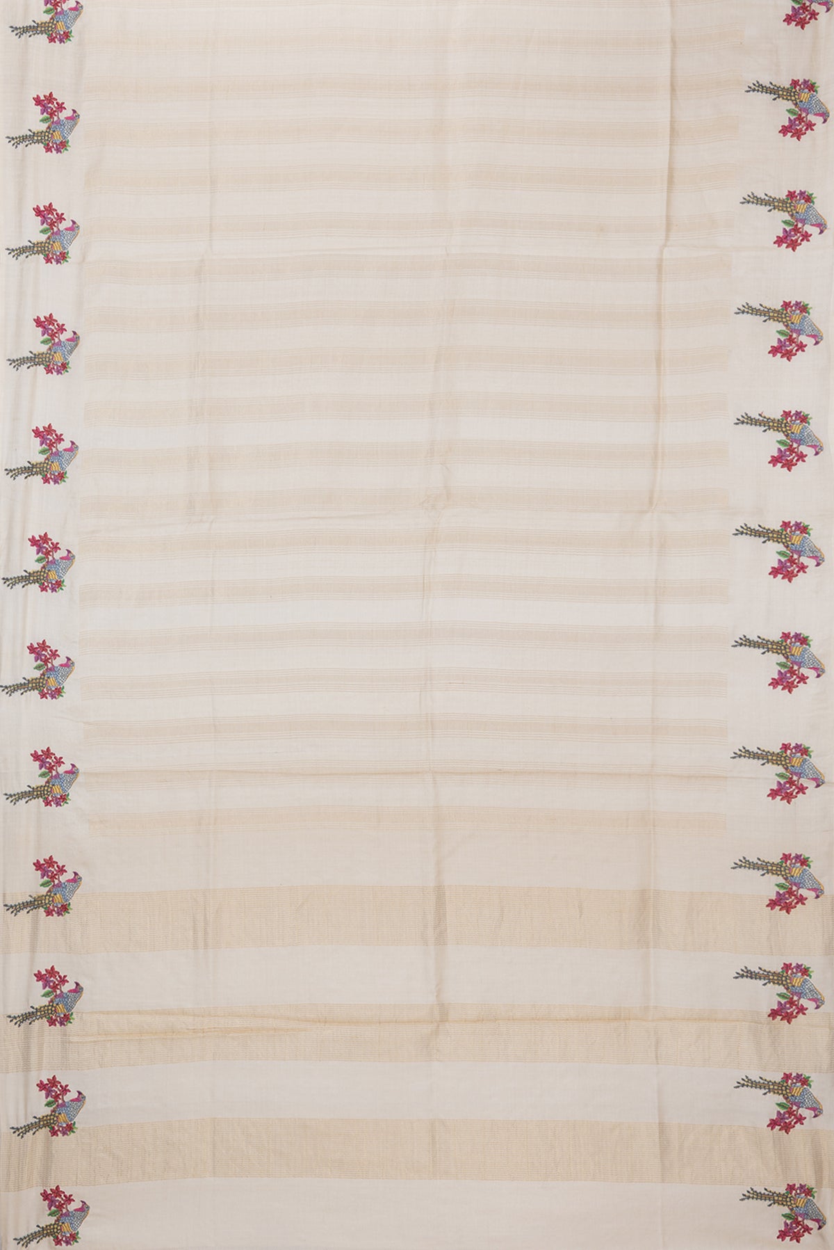 Flat view of Beige Tussar Silk Saree with Stripes on the body and Fancy Border. 