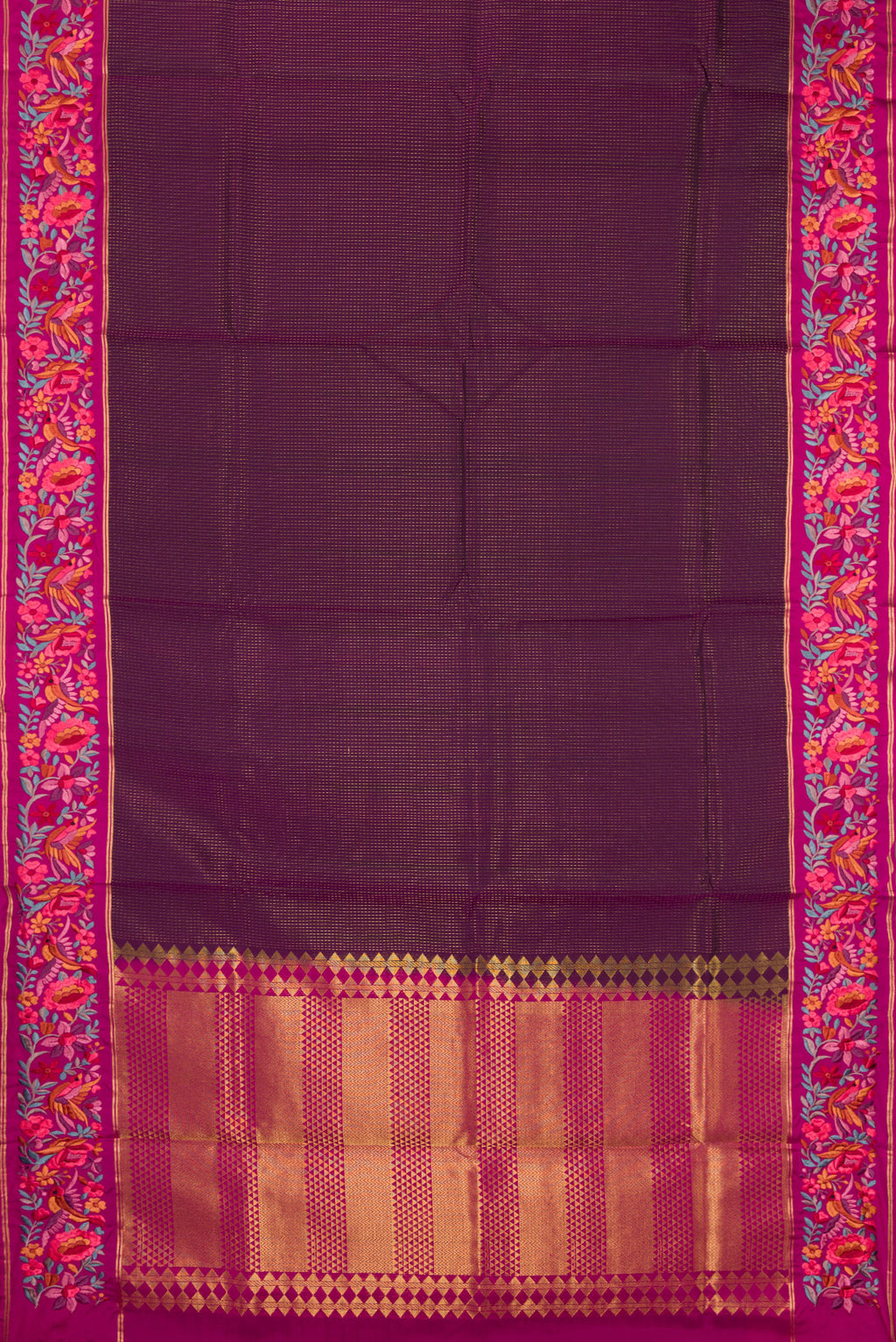 Flat view of Burgundy Dual Tone Banarasi Silk Saree with Stripes on the body and Embroidery Border. 