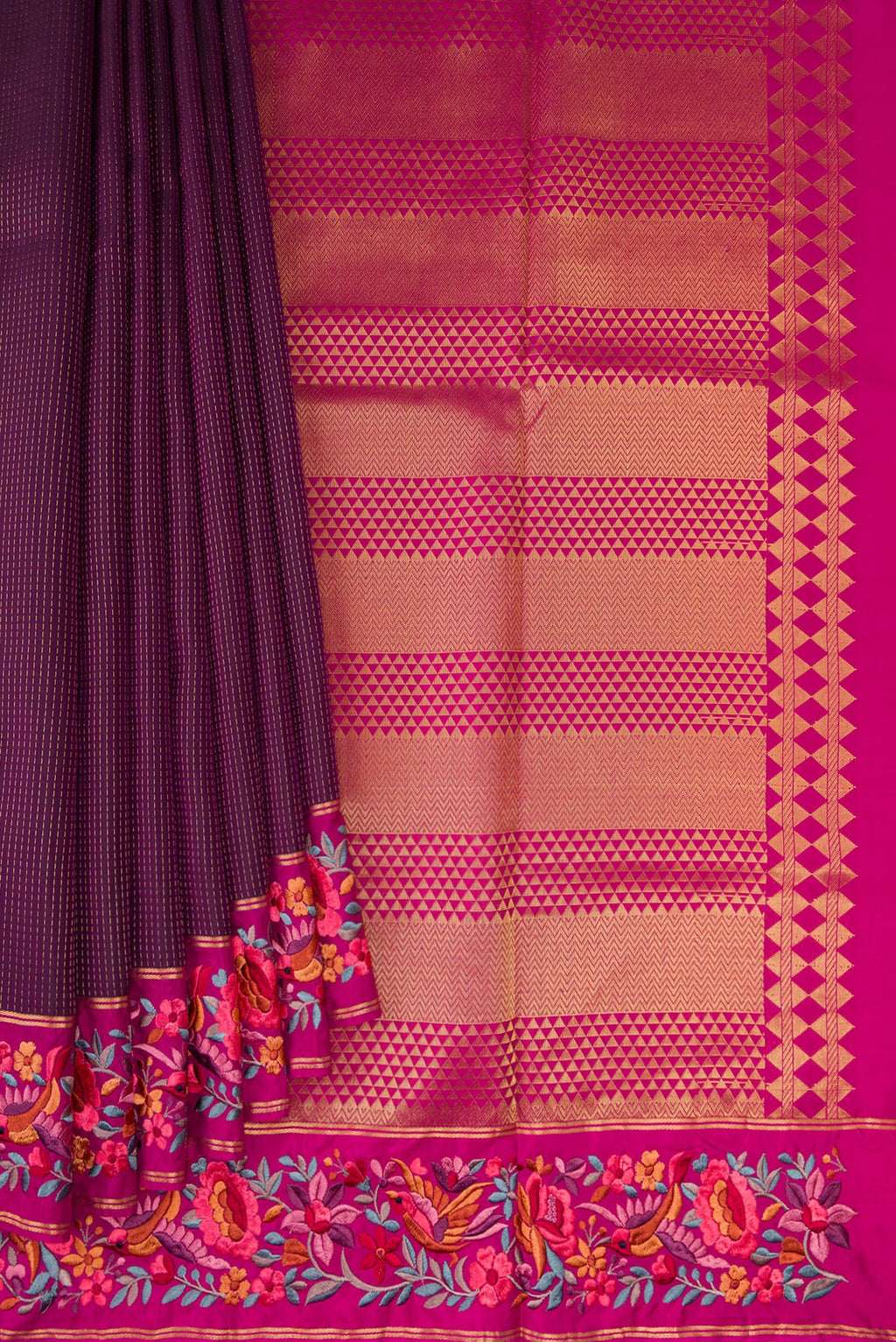 Pleats and pallu of Burgundy Dual Tone Banarasi Silk Saree with Stripes on the body and Embroidery Border. 
