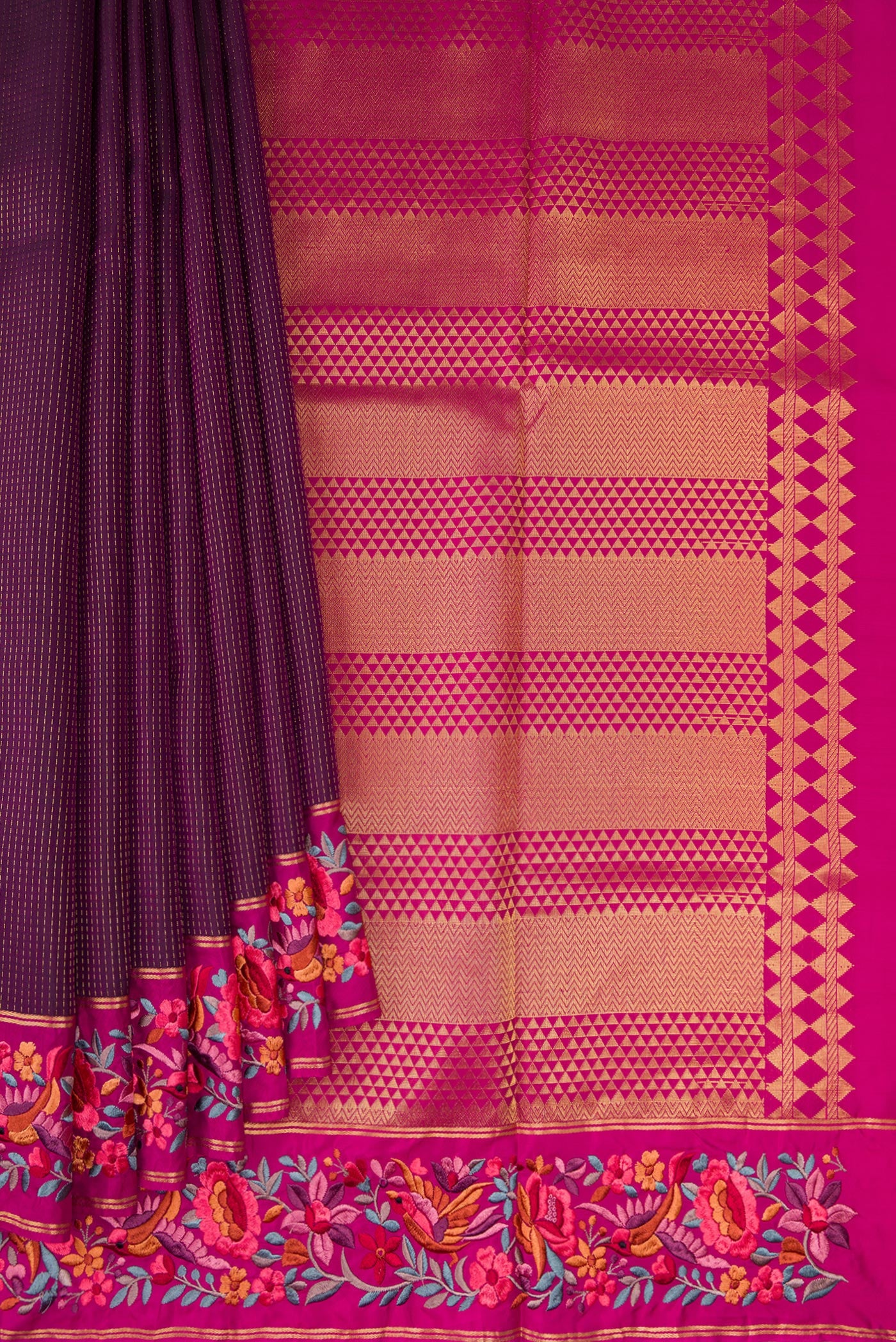 Pleats and pallu of Burgundy Dual Tone Banarasi Silk Saree with Stripes on the body and Embroidery Border. 