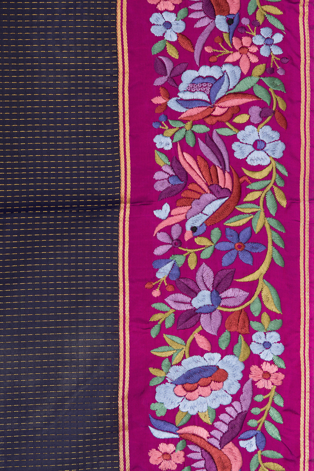 Border image of Navy Blue Dual Tone Banarasi Silk Saree with Stripes on the body and Embroidery Border. 