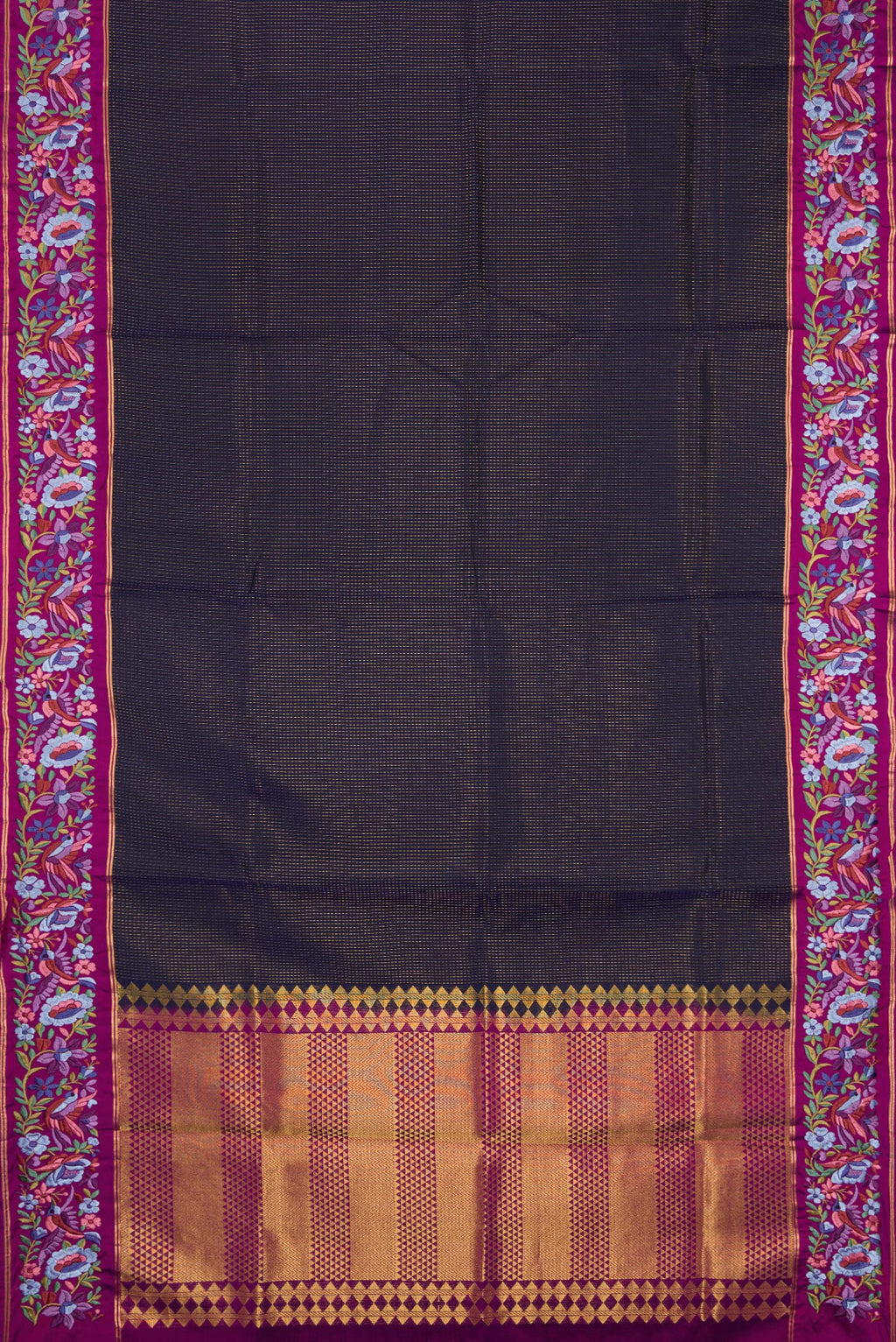 Flat view of Navy Blue Dual Tone Banarasi Silk Saree with Stripes on the body and Embroidery Border. 