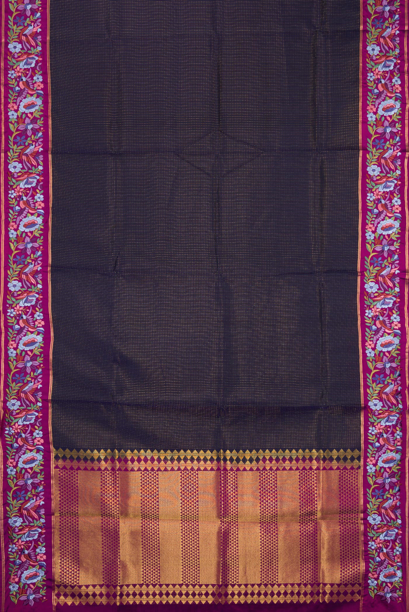 Flat view of Navy Blue Dual Tone Banarasi Silk Saree with Stripes on the body and Embroidery Border. 
