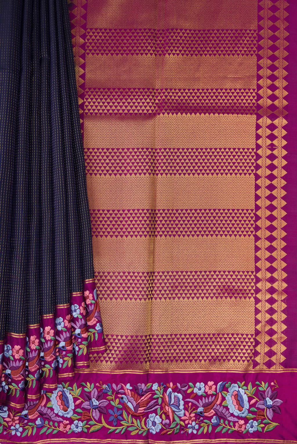Pleats and pallu of Navy Blue Dual Tone Banarasi Silk Saree with Stripes on the body and Embroidery Border. 