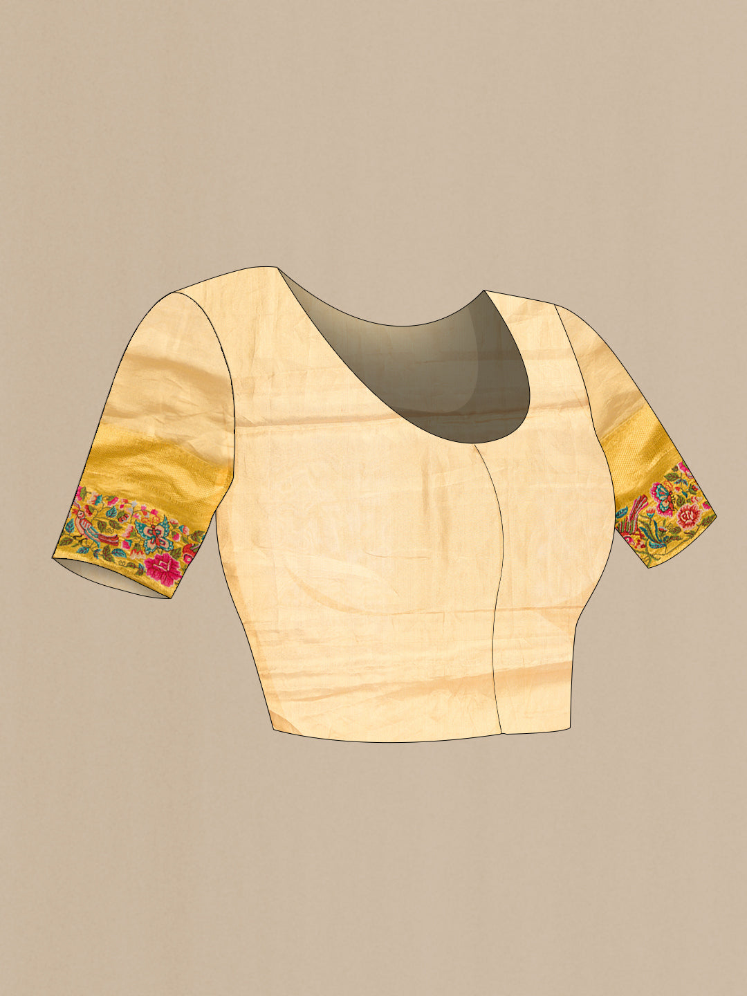Close up image of the blouse of Gold Dual Tone Kanjivaram Tissue Silk Saree with Zari Brocade on the body and Embroidery Border. 