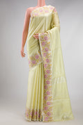 Pista Green Dual Tone Banarasi Silk Saree with Zari Brocade on the body and Embroidery Border.  displayed on a mannequin