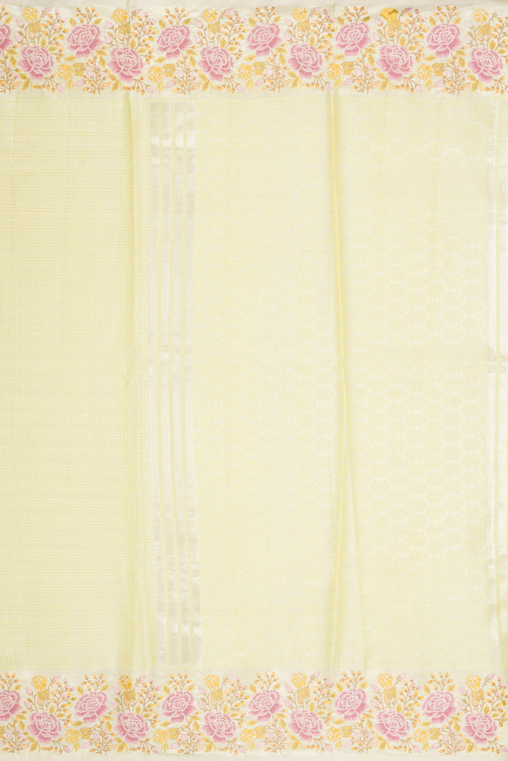 Close up image of the pallu of Pista Green Dual Tone Banarasi Silk Saree with Zari Brocade on the body and Embroidery Border. 
