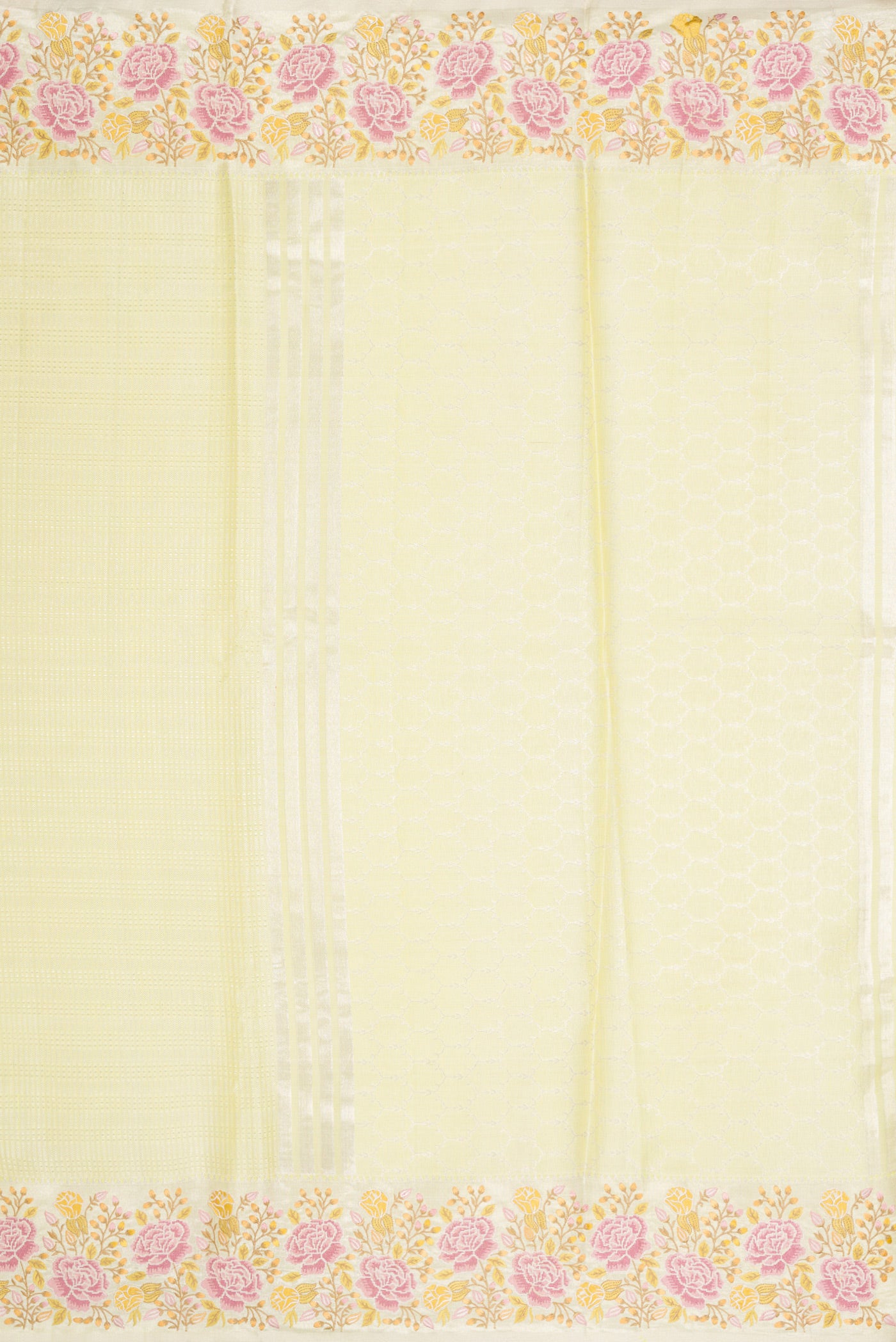 Close up image of the pallu of Pista Green Dual Tone Banarasi Silk Saree with Zari Brocade on the body and Embroidery Border. 