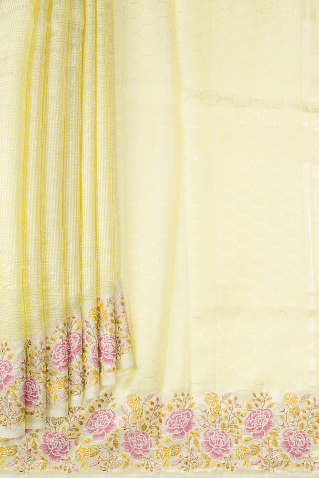 Pleats and pallu of Pista Green Dual Tone Banarasi Silk Saree with Zari Brocade on the body and Embroidery Border. 