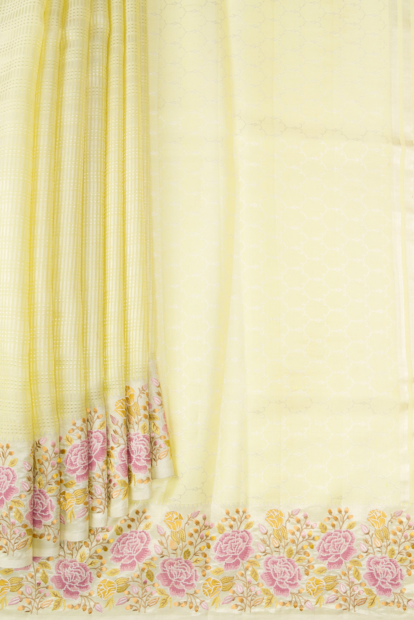 Pleats and pallu of Pista Green Dual Tone Banarasi Silk Saree with Zari Brocade on the body and Embroidery Border. 