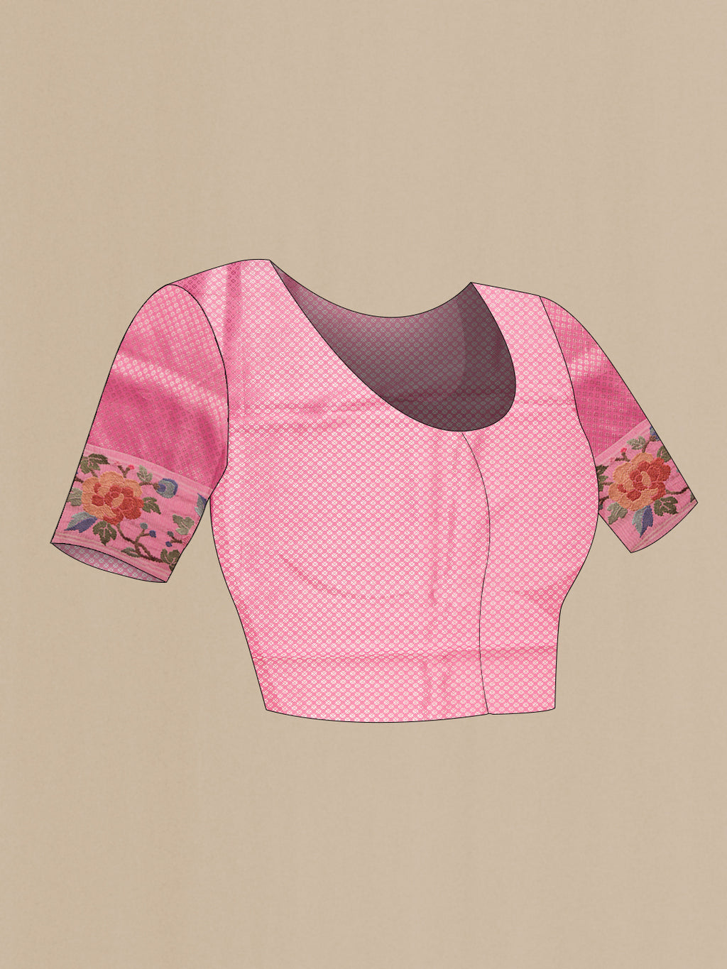 Close up image of the blouse of Pink Dual Tone Banarasi Silk Saree with Stripes on the body and Embroidery Border. 