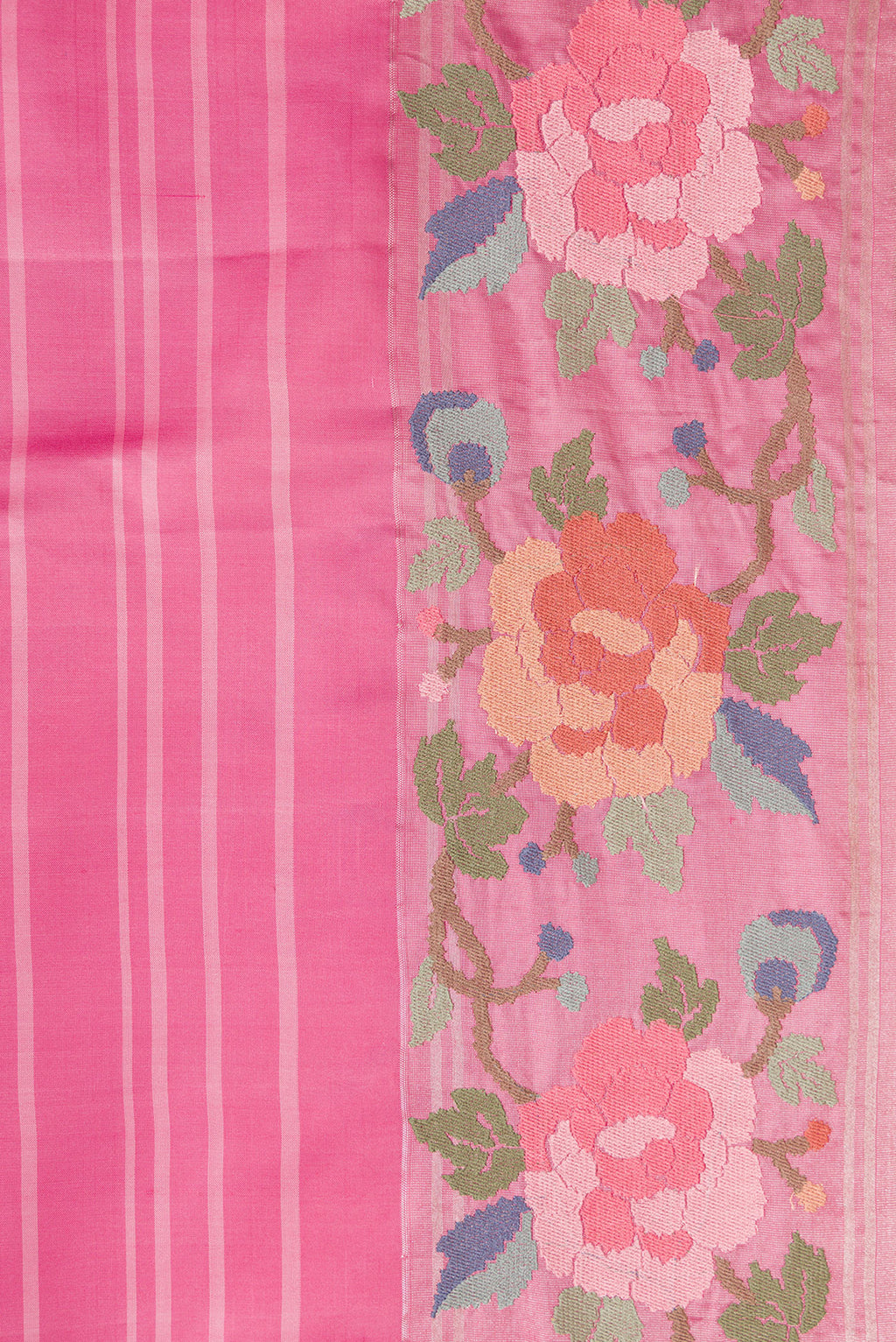Border image of Pink Dual Tone Banarasi Silk Saree with Stripes on the body and Embroidery Border. 