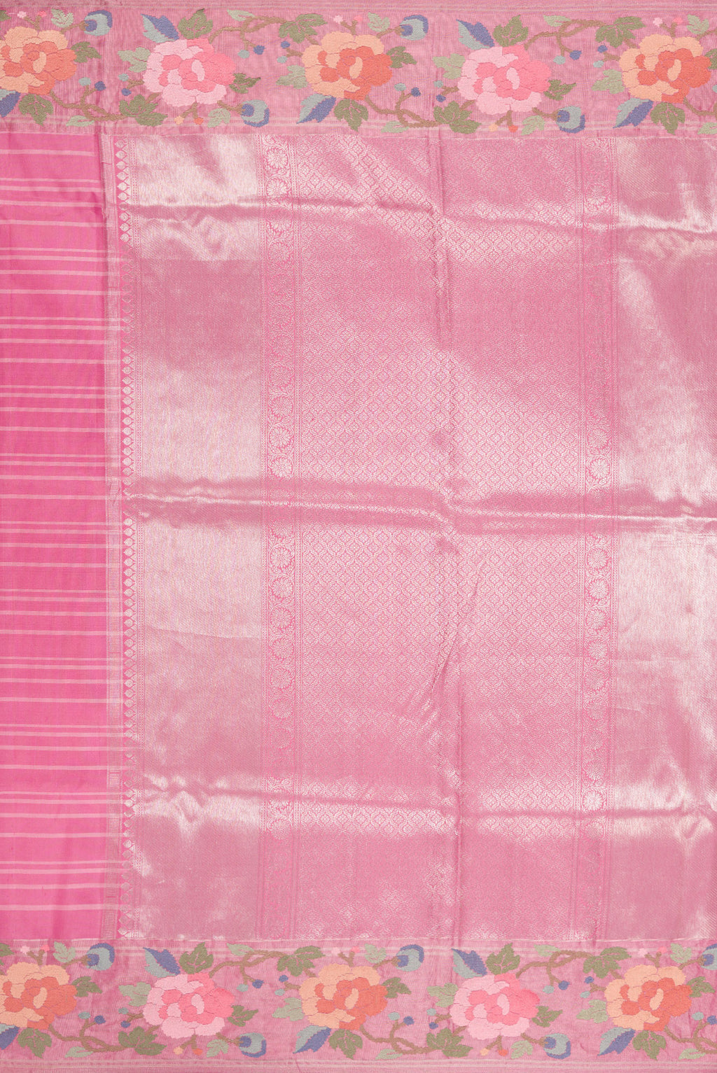 Close up image of the pallu of Pink Dual Tone Banarasi Silk Saree with Stripes on the body and Embroidery Border. 
