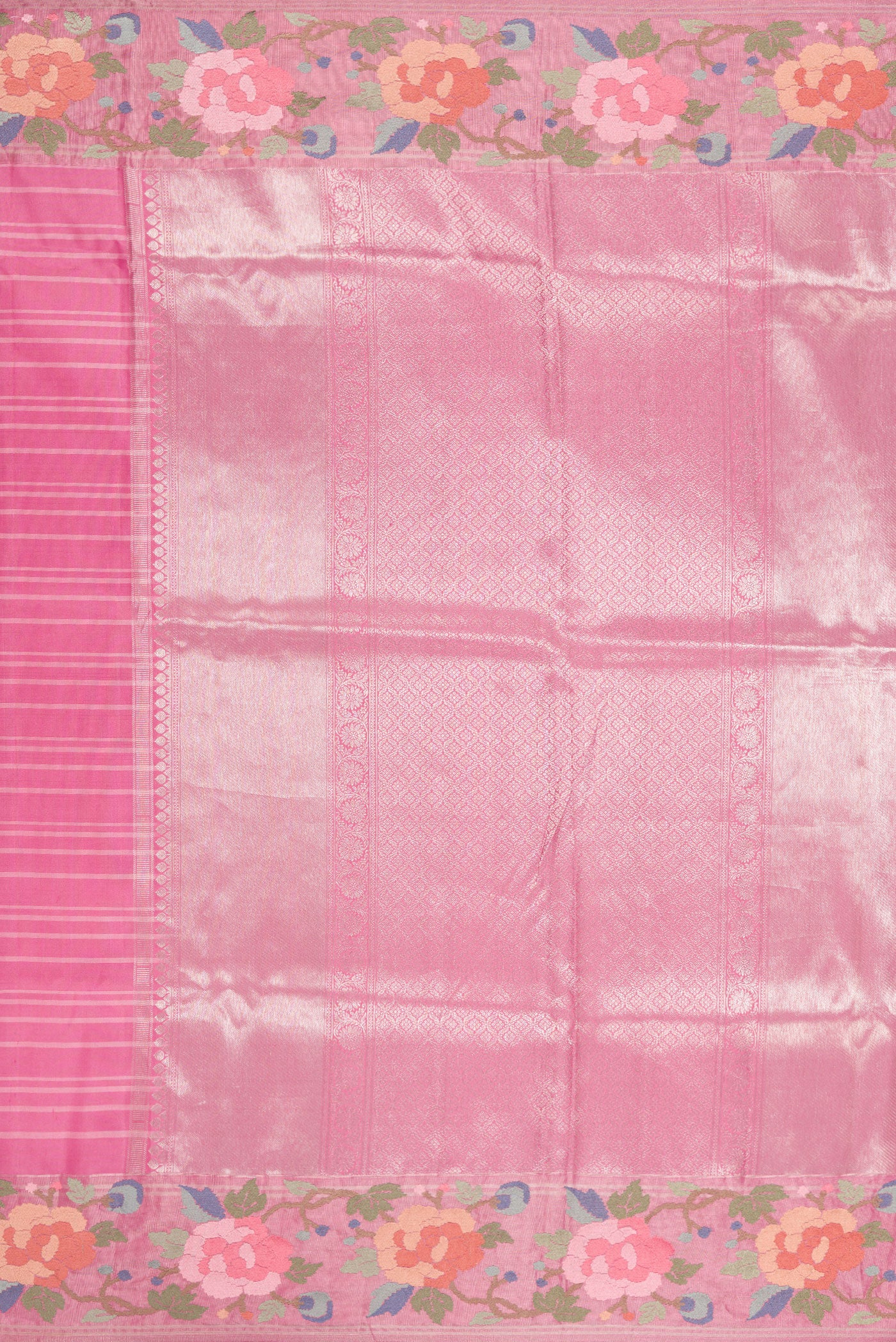Close up image of the pallu of Pink Dual Tone Banarasi Silk Saree with Stripes on the body and Embroidery Border. 