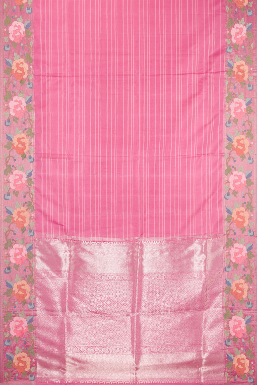 Flat view of Pink Dual Tone Banarasi Silk Saree with Stripes on the body and Embroidery Border. 