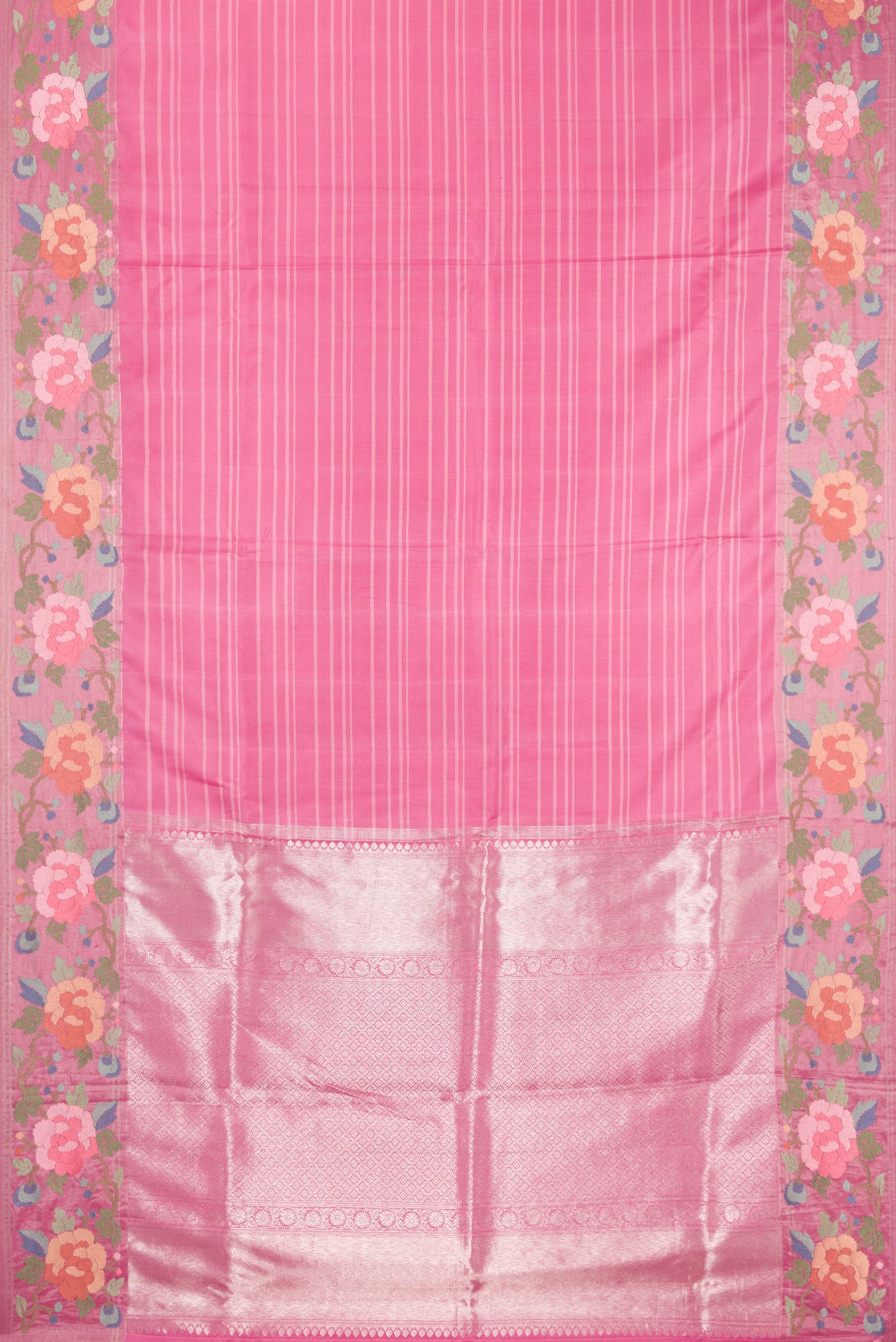Flat view of Pink Dual Tone Banarasi Silk Saree with Stripes on the body and Embroidery Border. 