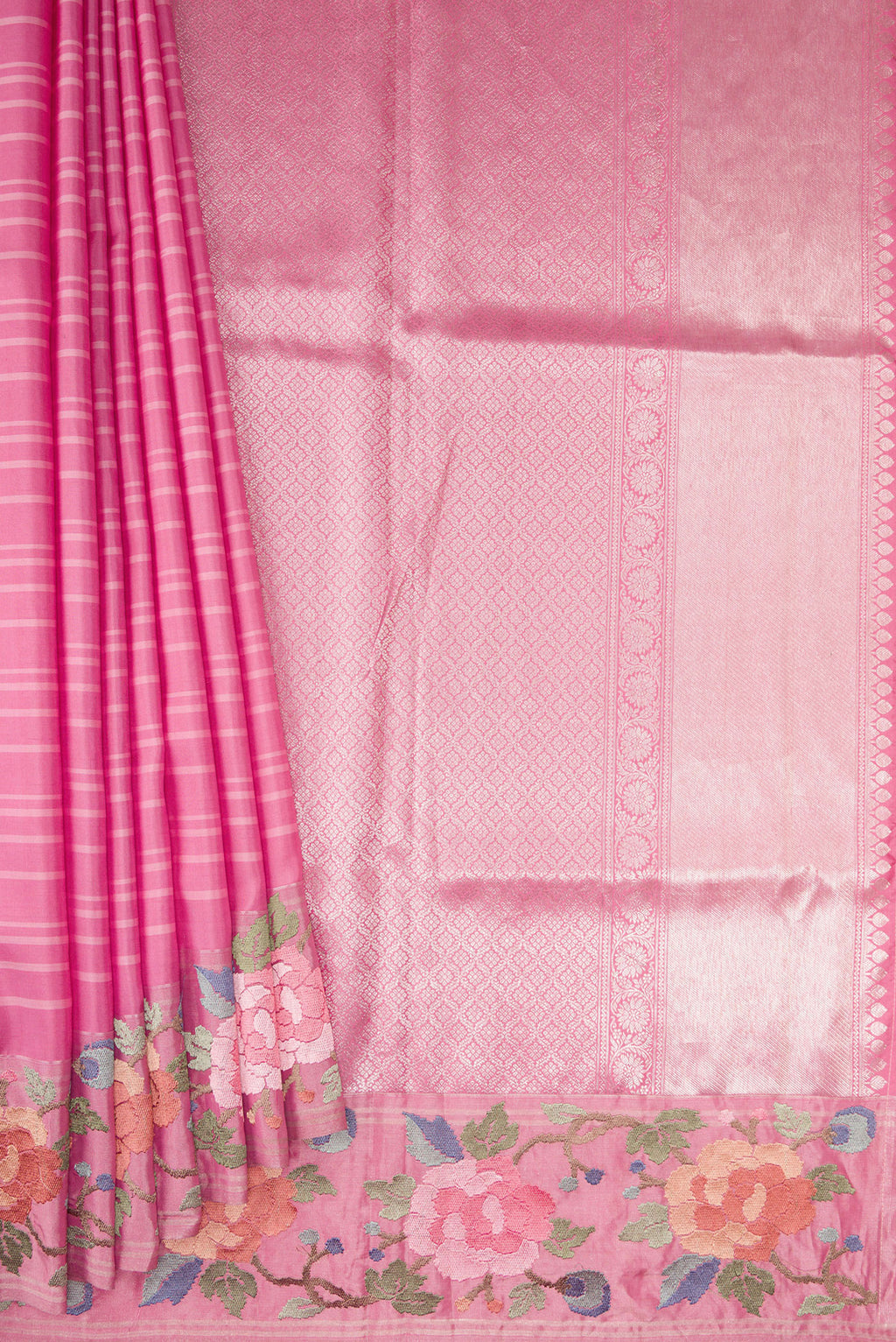 Pleats and pallu of Pink Dual Tone Banarasi Silk Saree with Stripes on the body and Embroidery Border. 