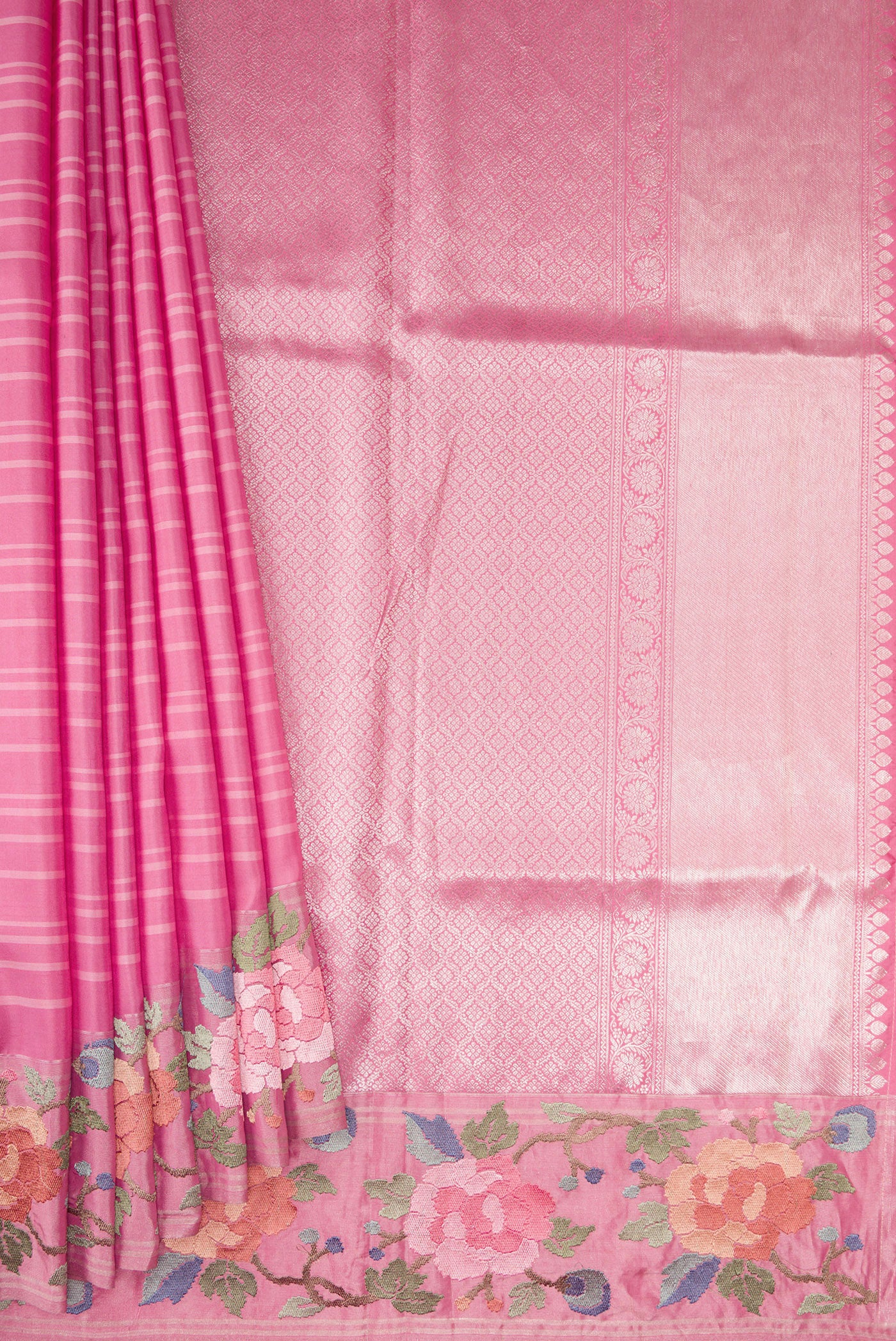 Pleats and pallu of Pink Dual Tone Banarasi Silk Saree with Stripes on the body and Embroidery Border. 