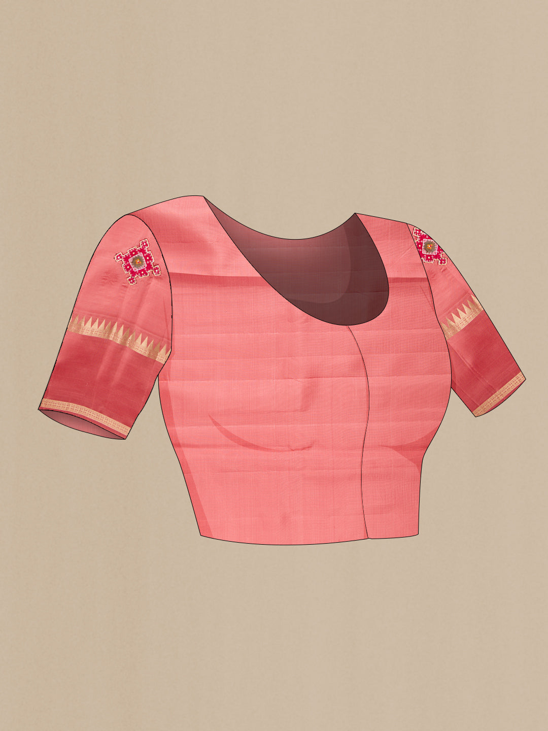 Close up image of the blouse of Rose pink Dual Tone Banarasi Silk Saree with Stripes on the body and Embroidery Border. 