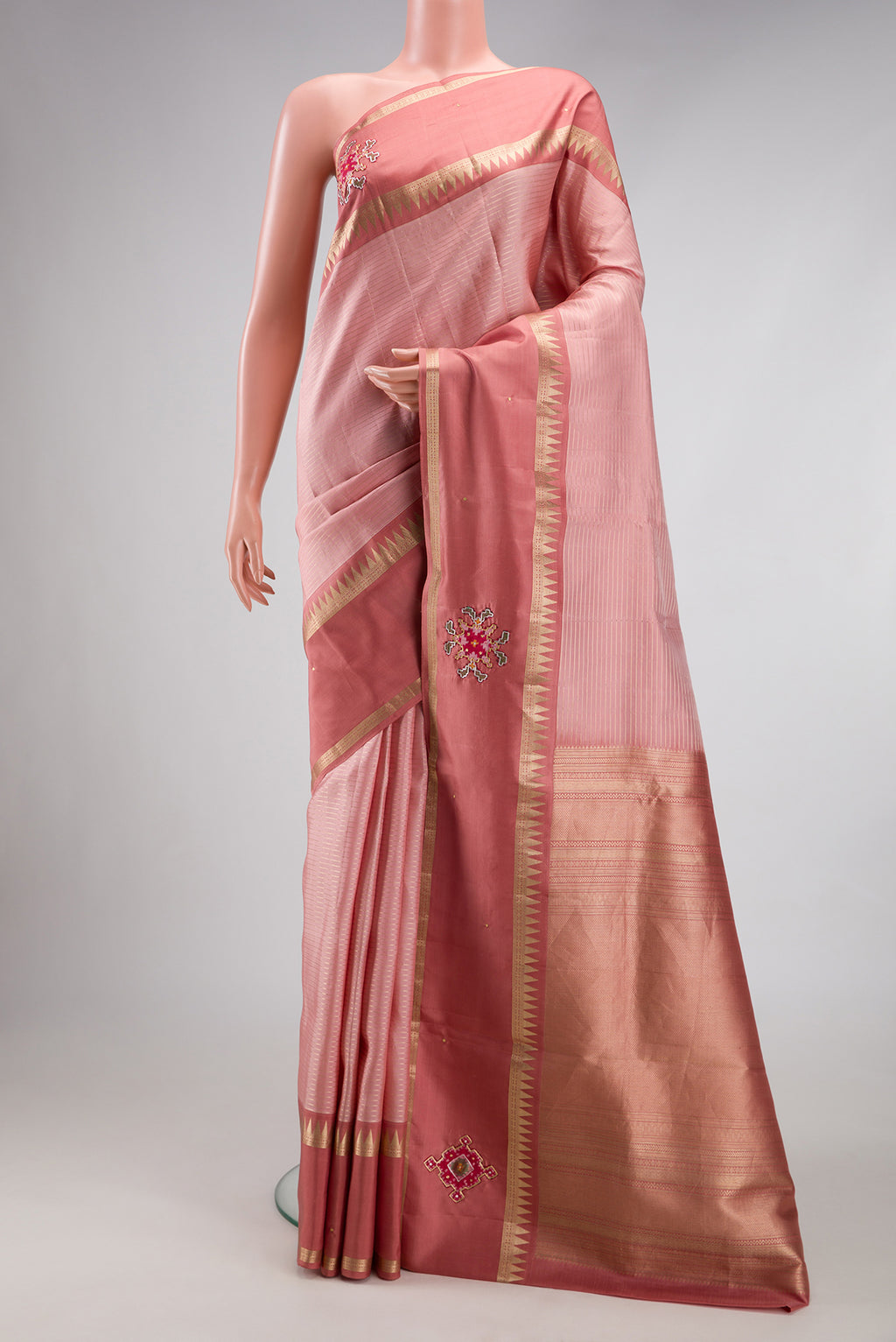 Rose pink Dual Tone Banarasi Silk Saree with Stripes on the body and Embroidery Border.  displayed on a mannequin