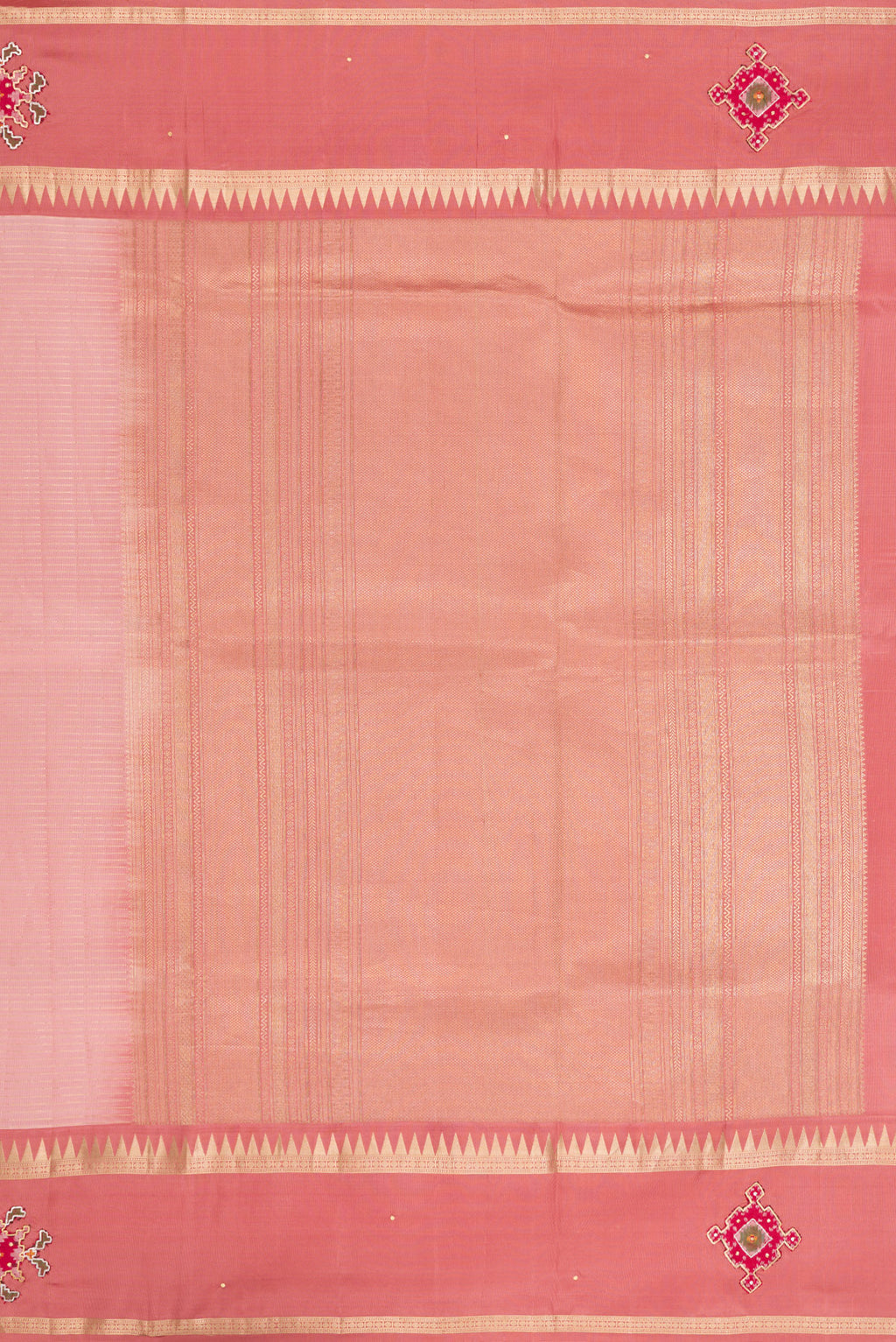 Close up image of the pallu of Rose pink Dual Tone Banarasi Silk Saree with Stripes on the body and Embroidery Border. 