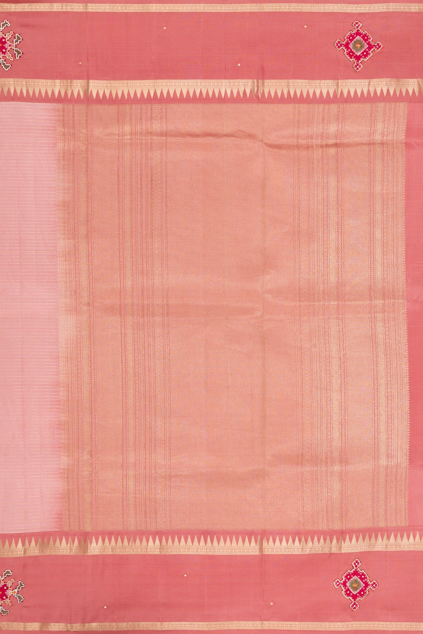 Close up image of the pallu of Rose pink Dual Tone Banarasi Silk Saree with Stripes on the body and Embroidery Border. 