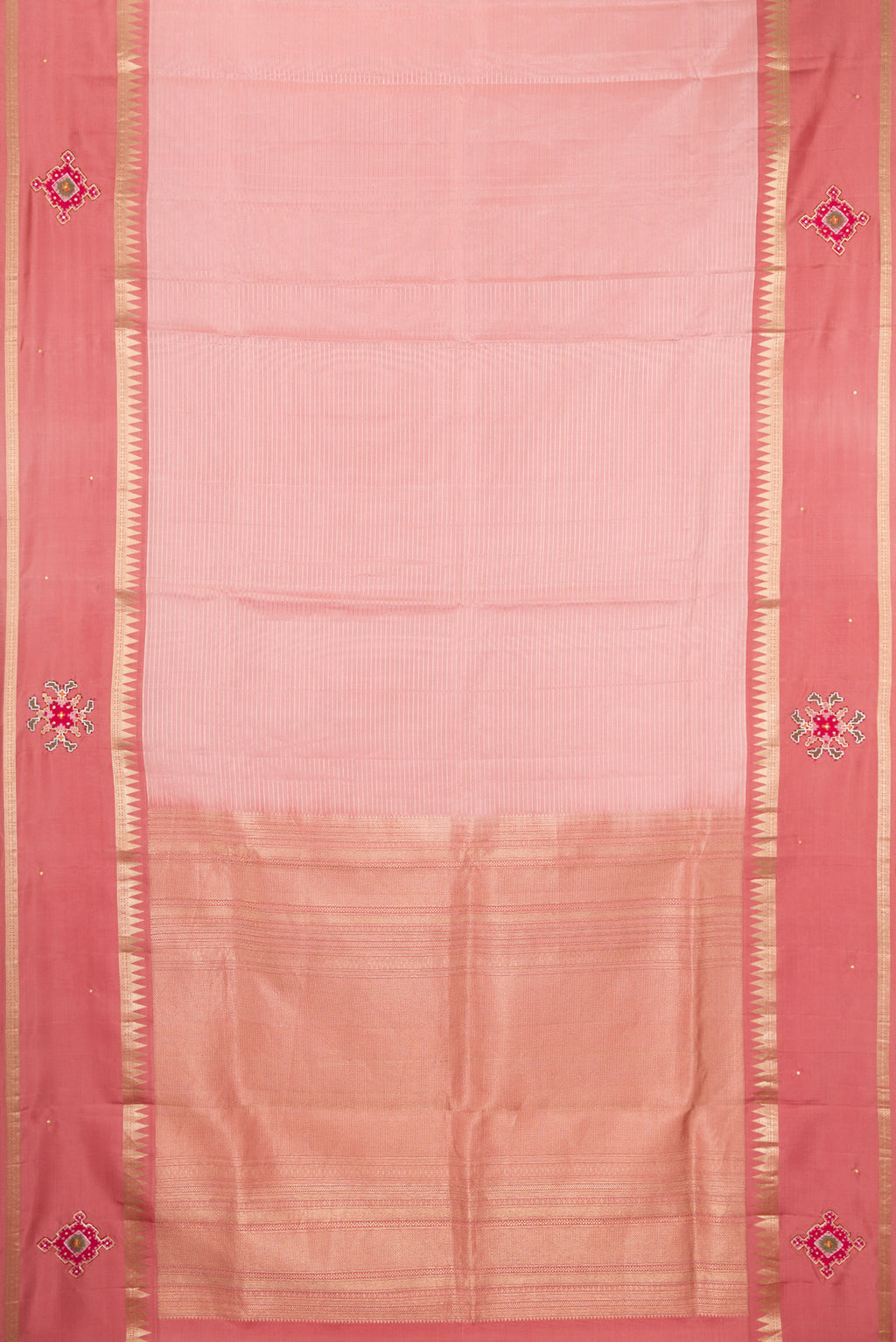 Flat view of Rose pink Dual Tone Banarasi Silk Saree with Stripes on the body and Embroidery Border. 