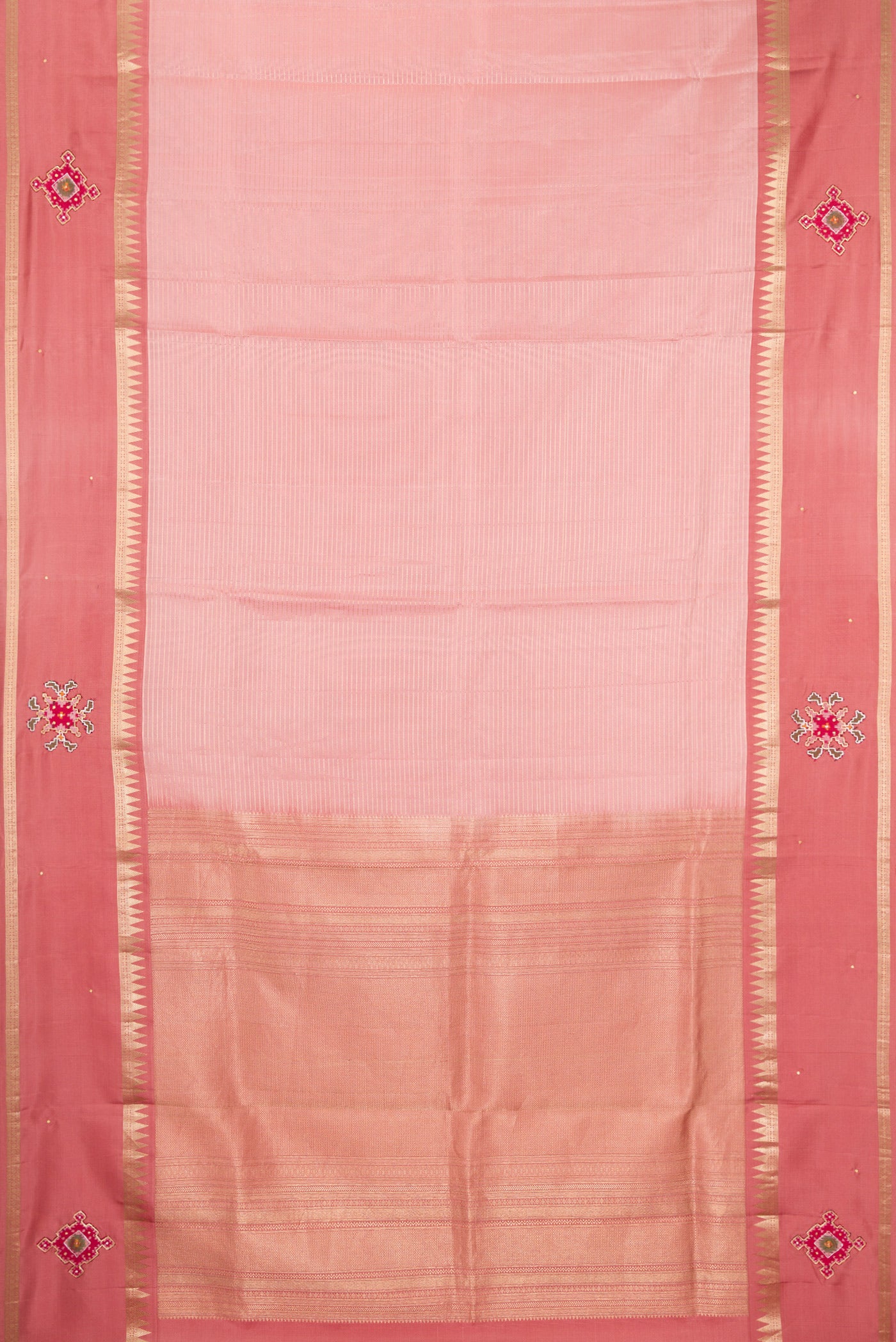 Flat view of Rose pink Dual Tone Banarasi Silk Saree with Stripes on the body and Embroidery Border. 