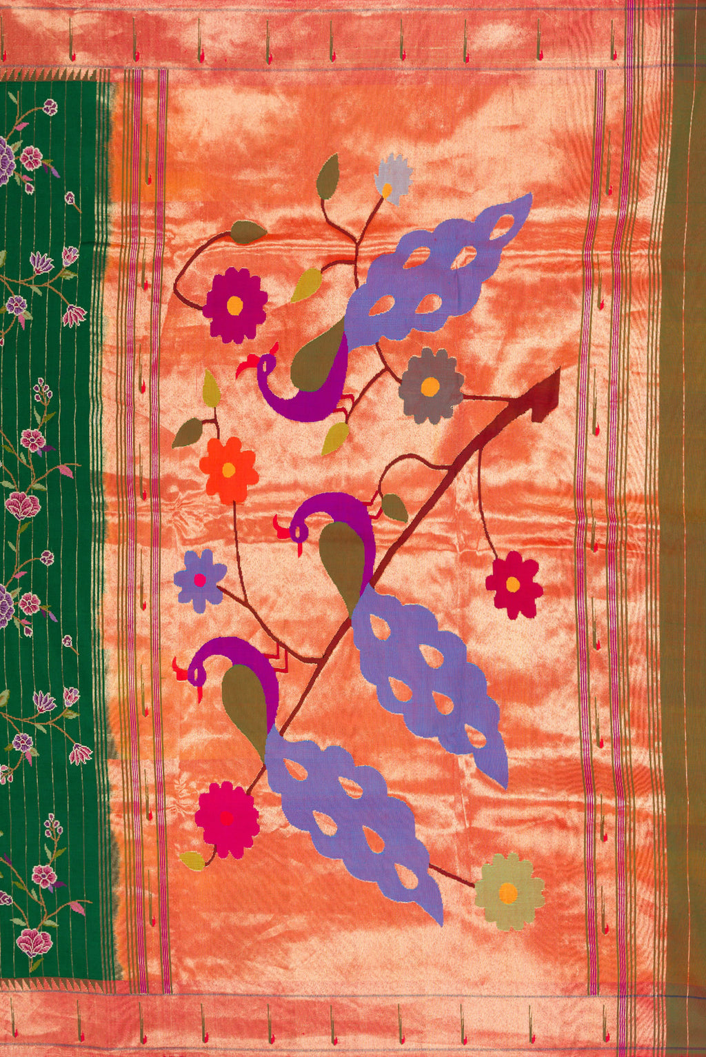 Close up image of the pallu of Green Paithani Silk Saree with Embroidery on the body and Paithani Border. 