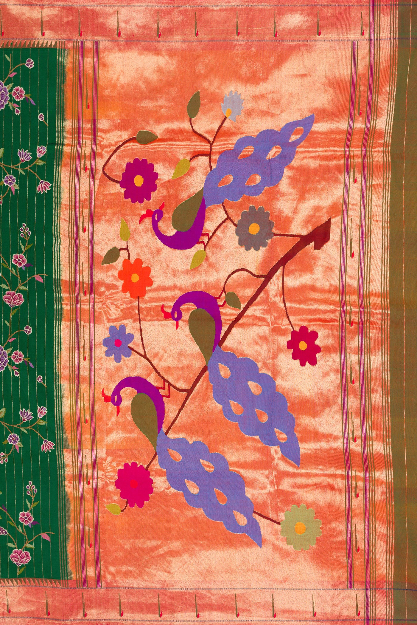 Close up image of the pallu of Green Paithani Silk Saree with Embroidery on the body and Paithani Border. 