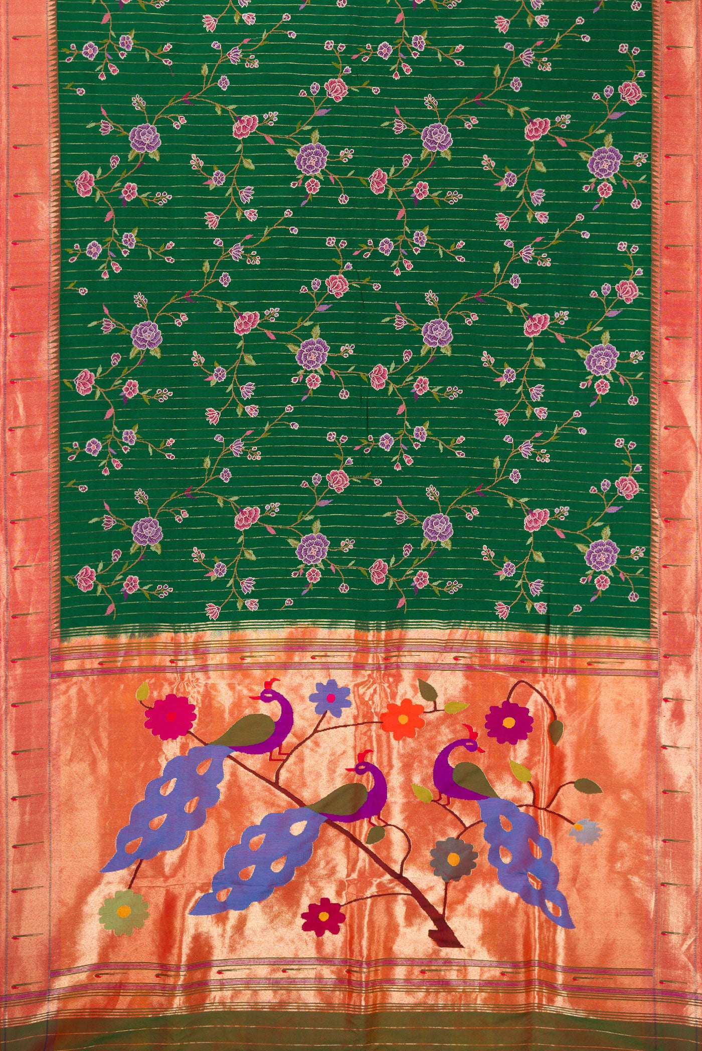 Flat view of Green Paithani Silk Saree with Embroidery on the body and Paithani Border. 