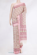 Beige Tussar Silk Saree with Printed design on the body and Zari And Thread Border.  displayed on a mannequin