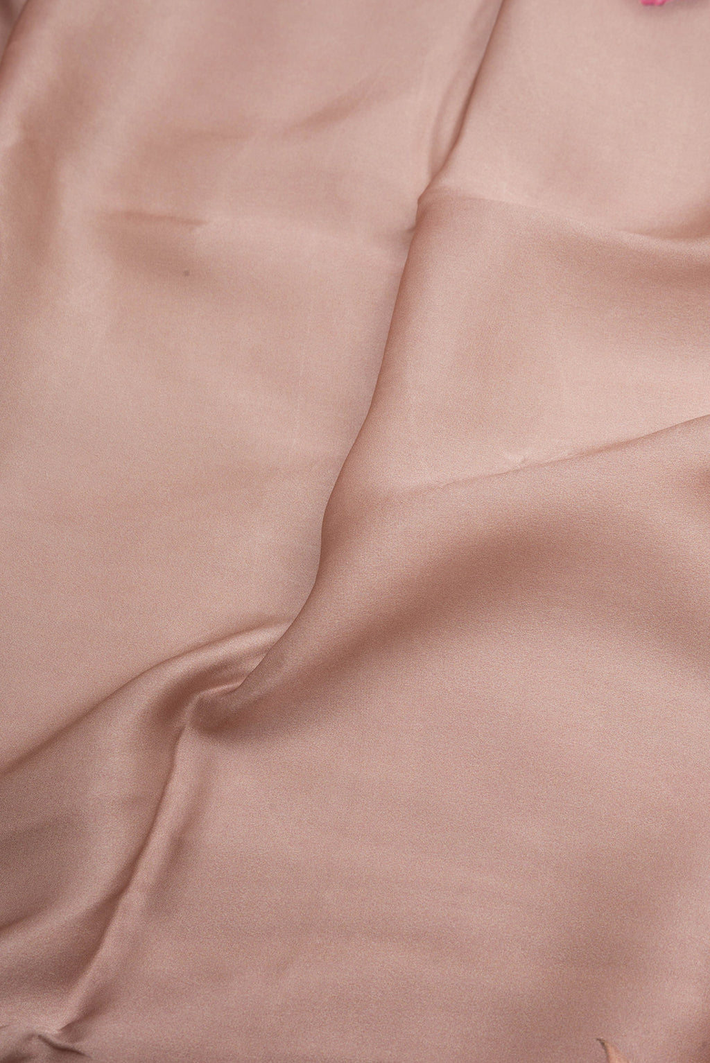 Close up of Brown Crepe Saree with Printed design on the body and Printed Border.  displaying folds