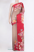 Brown Crepe Saree with Printed design on the body and Printed Border.  displayed on a mannequin