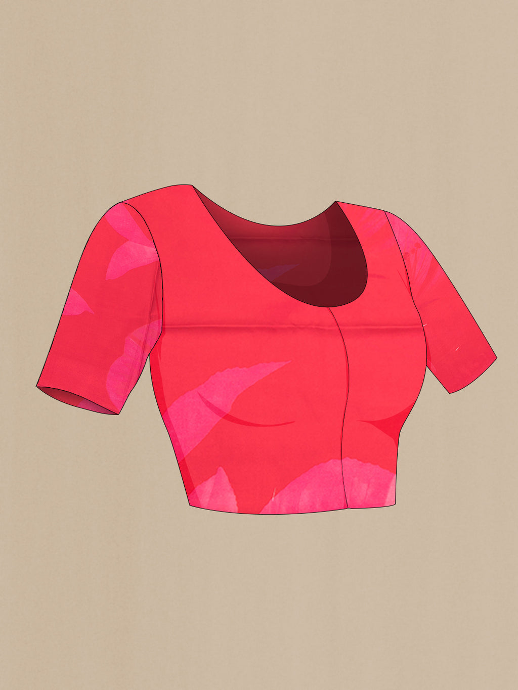Close up image of the blouse of Dark Pink Crepe Saree with Printed design on the body and Plain Border. 