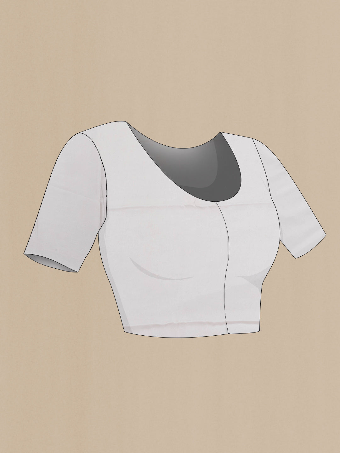 Close up image of the blouse of White Crepe Saree with Polka Dots on the body and Without Border. 