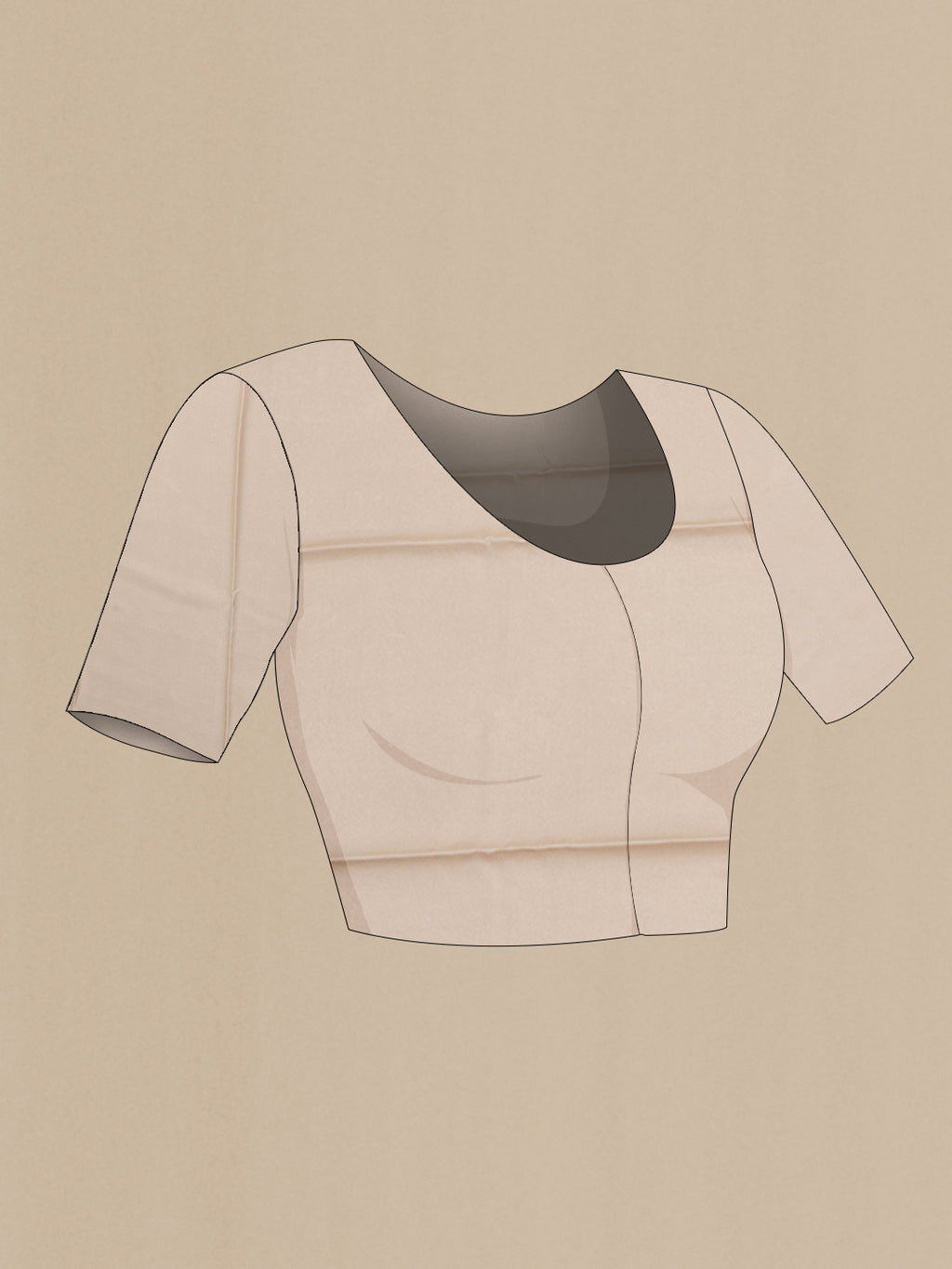 Close up image of the blouse of Beige Crepe Saree with Printed design on the body and Without Border. 