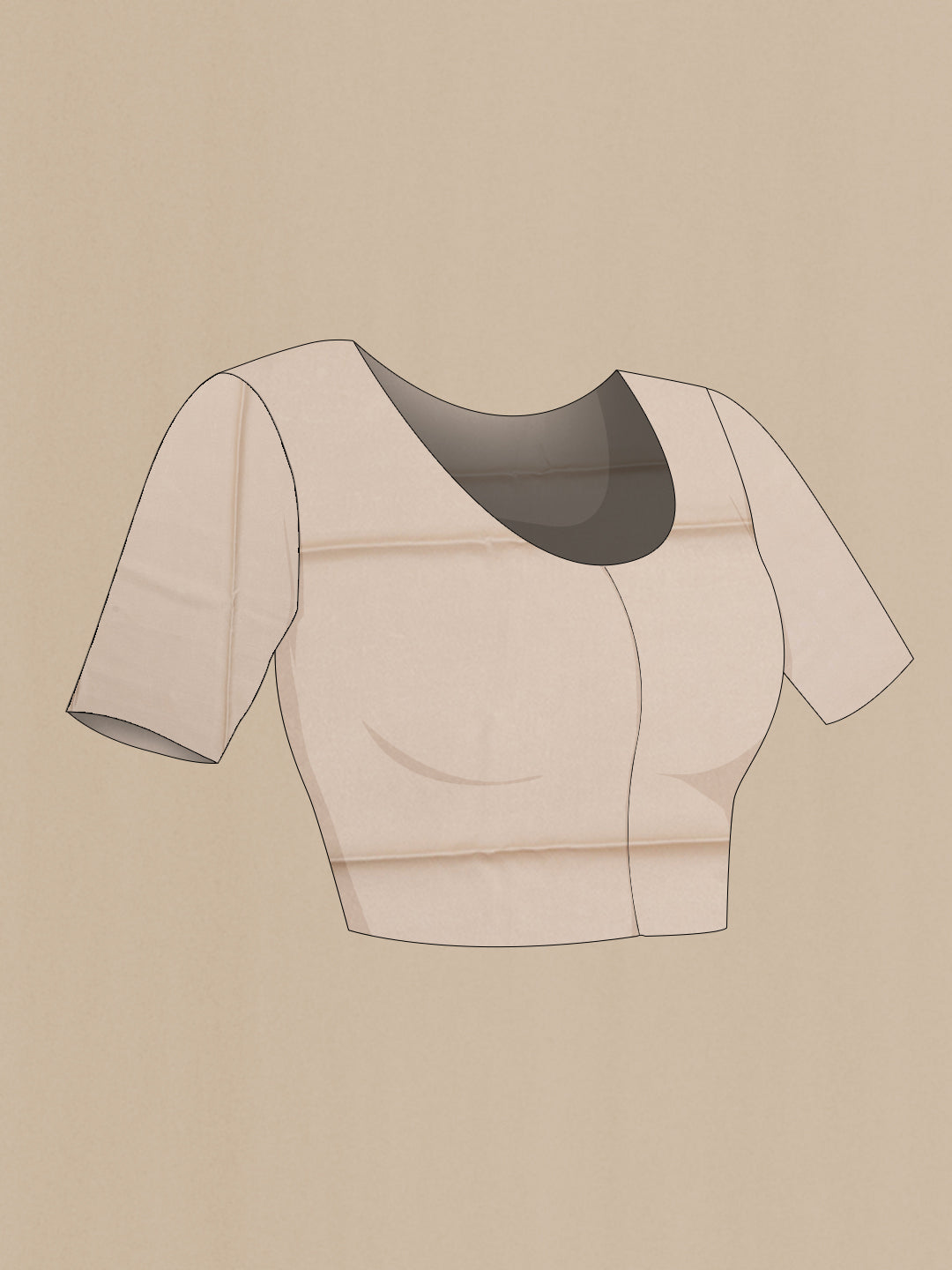 Close up image of the blouse of Beige Crepe Saree with Printed design on the body and Without Border. 