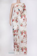 Off White Crepe Saree with Printed design on the body and Without Border.  displayed on a mannequin