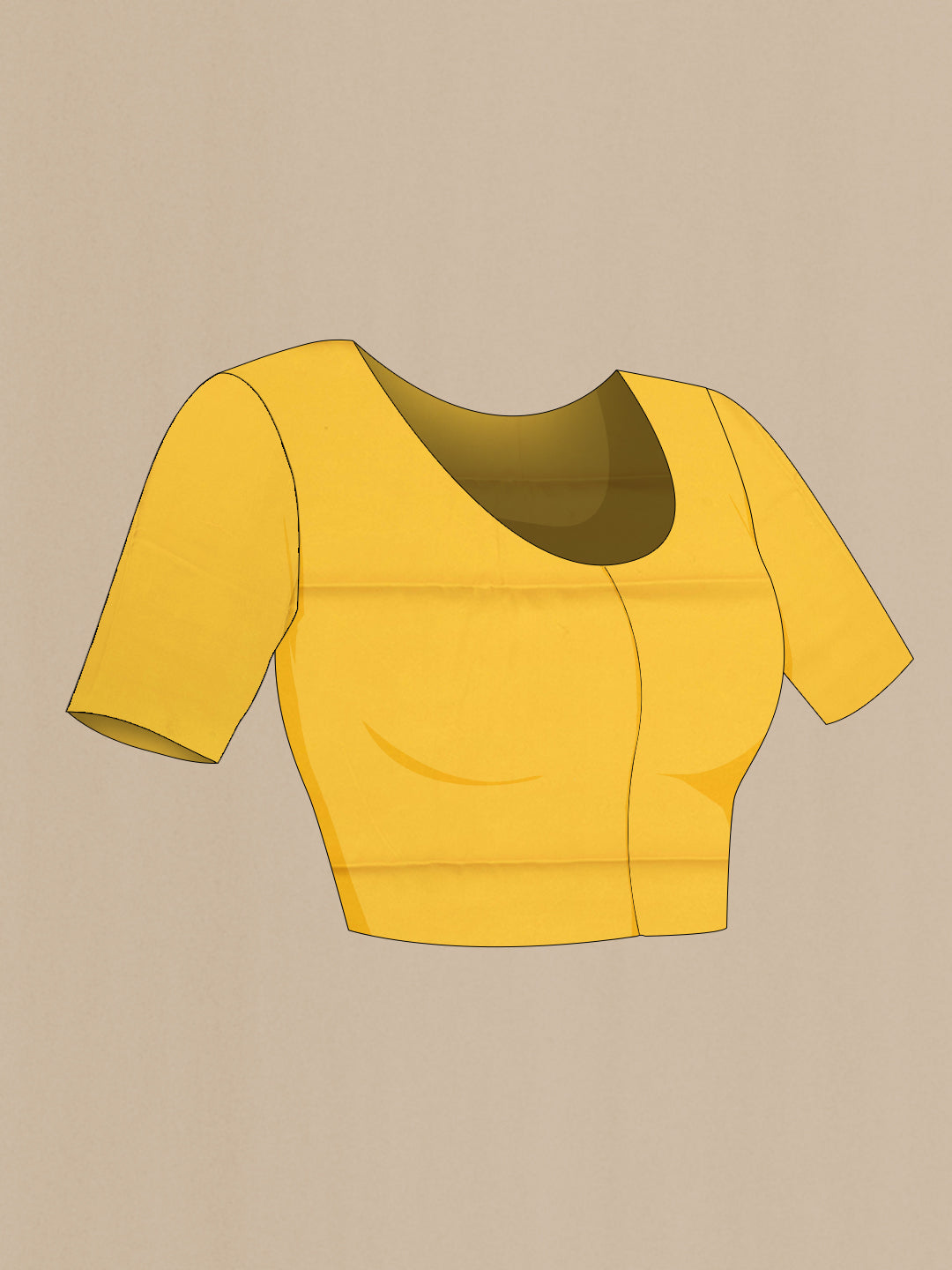 Close up image of the blouse of Yellow Crepe Saree with Printed design on the body and Without Border. 