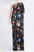 Black Crepe Saree with Printed design on the body and Without Border.  displayed on a mannequin