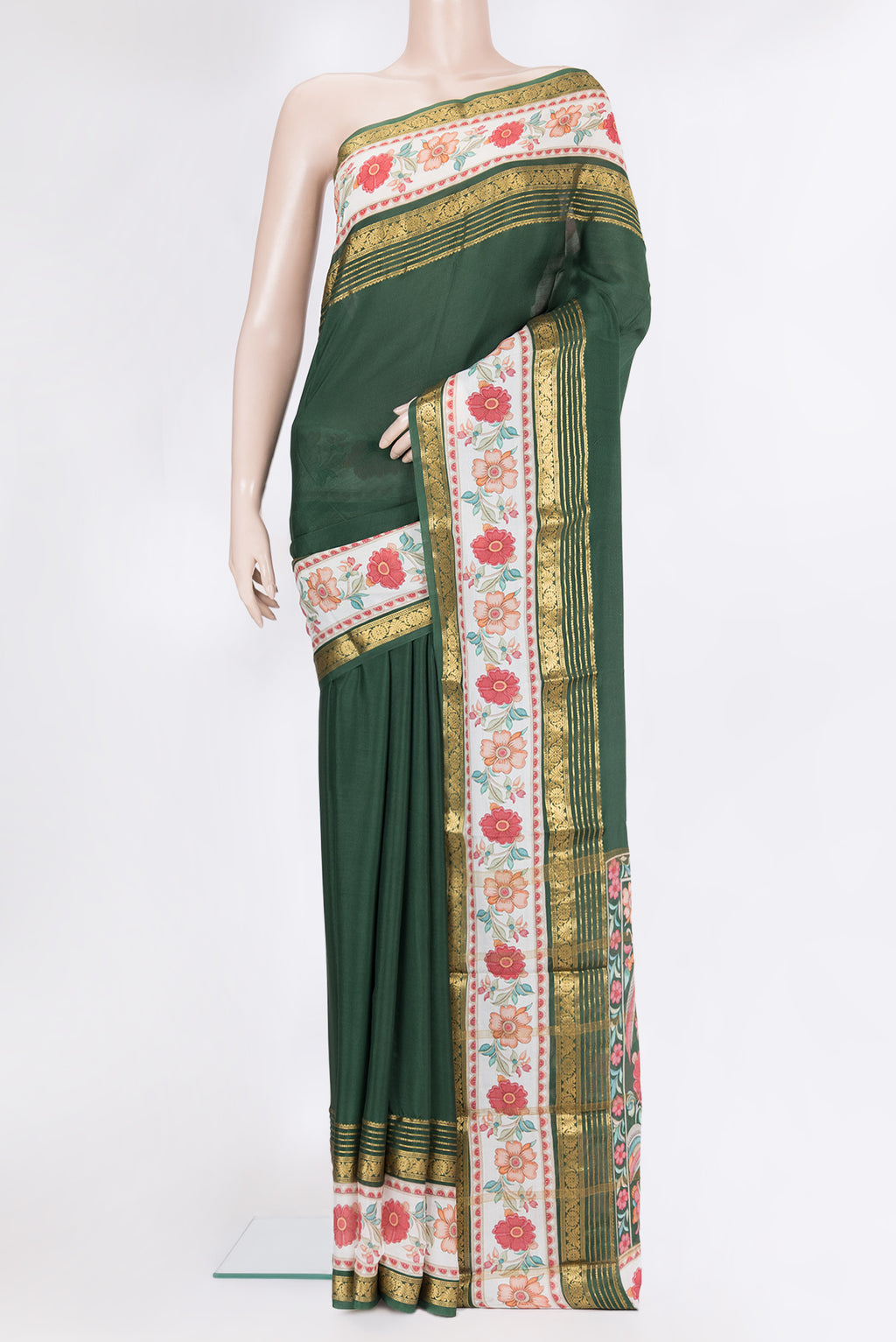 Bottle Green Mysore Silk Saree with Plain Body and Fancy Border.  displayed on a mannequin