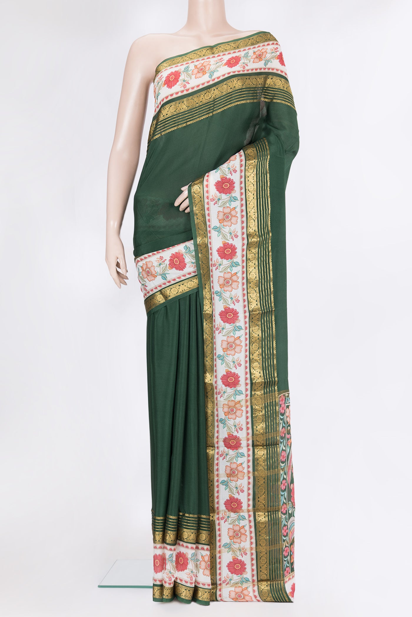 Bottle Green Mysore Silk Saree with Plain Body and Fancy Border.  displayed on a mannequin
