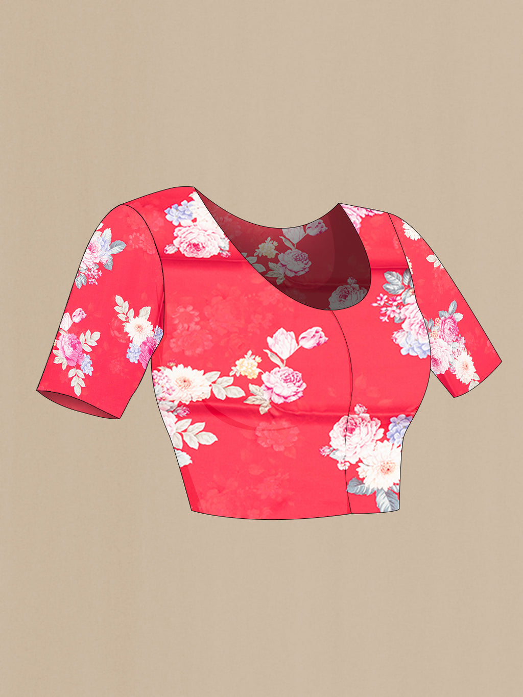 Close up image of the blouse of Red Crepe Saree with Plain Body and Without Border. 