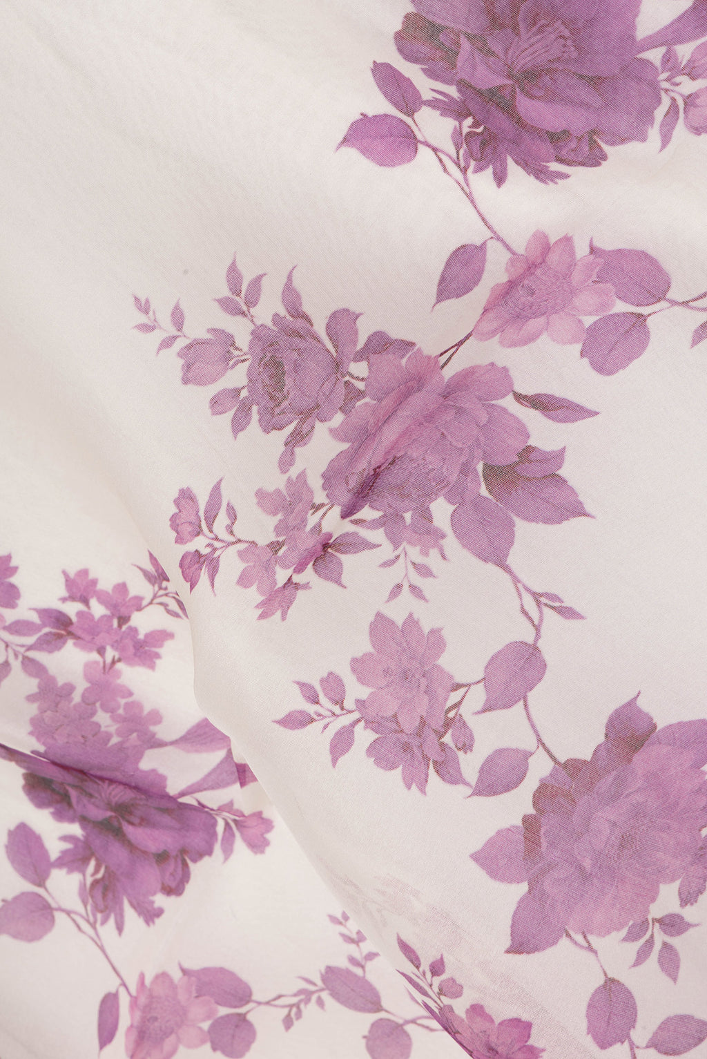 Close up of Cream Organza Silk Saree with Floral Print on the body and Zari Border.  displaying folds