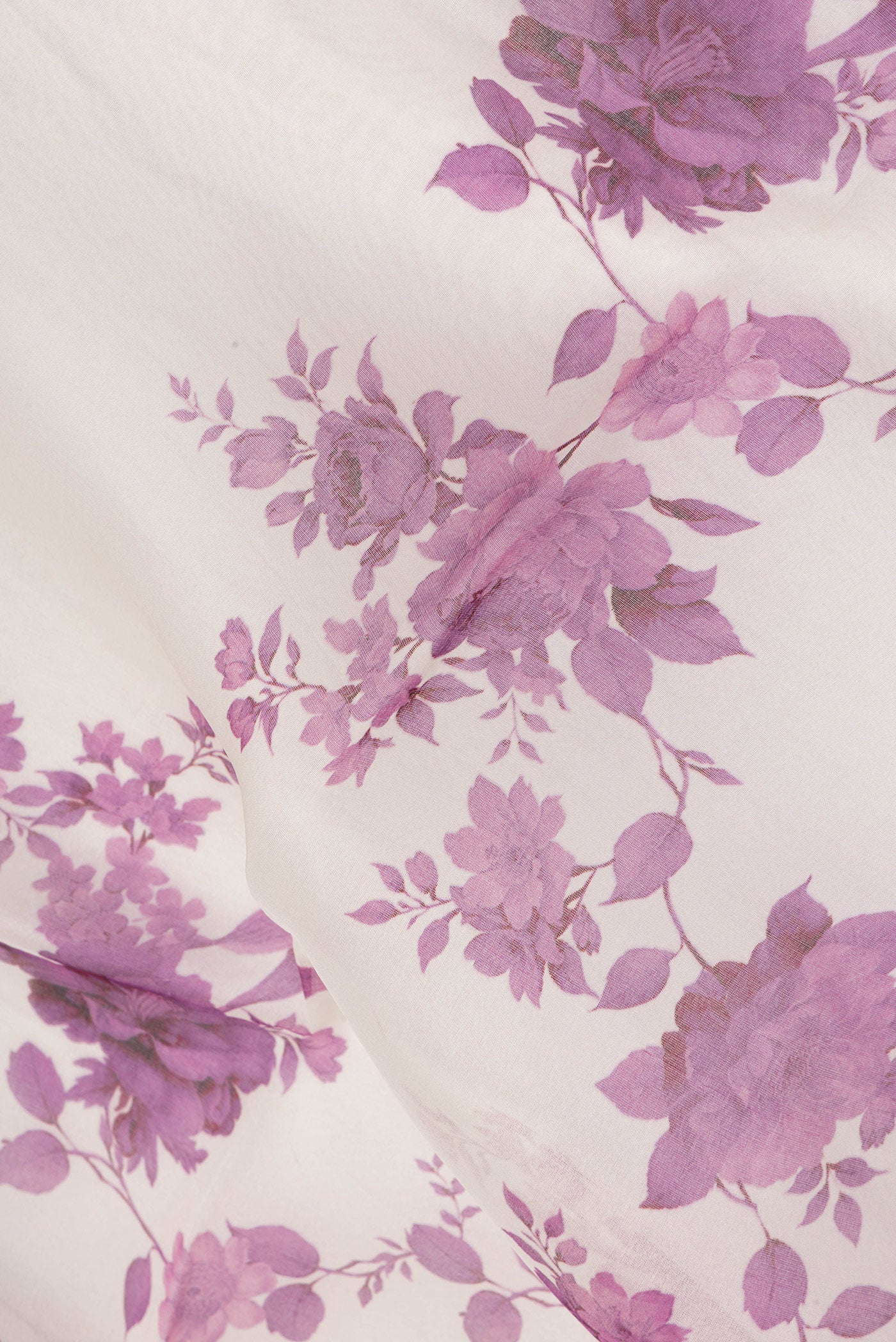 Close up of Cream Organza Silk Saree with Floral Print on the body and Zari Border.  displaying folds
