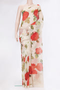 Beige Organza Silk Saree with Floral Print on the body and Zari Border.  displayed on a mannequin